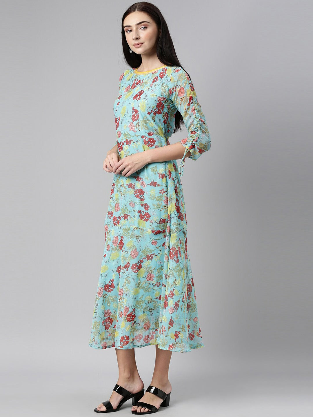 Souchii Blue Floral Printed Chiffon A-Line Midi Dress | Grocsy