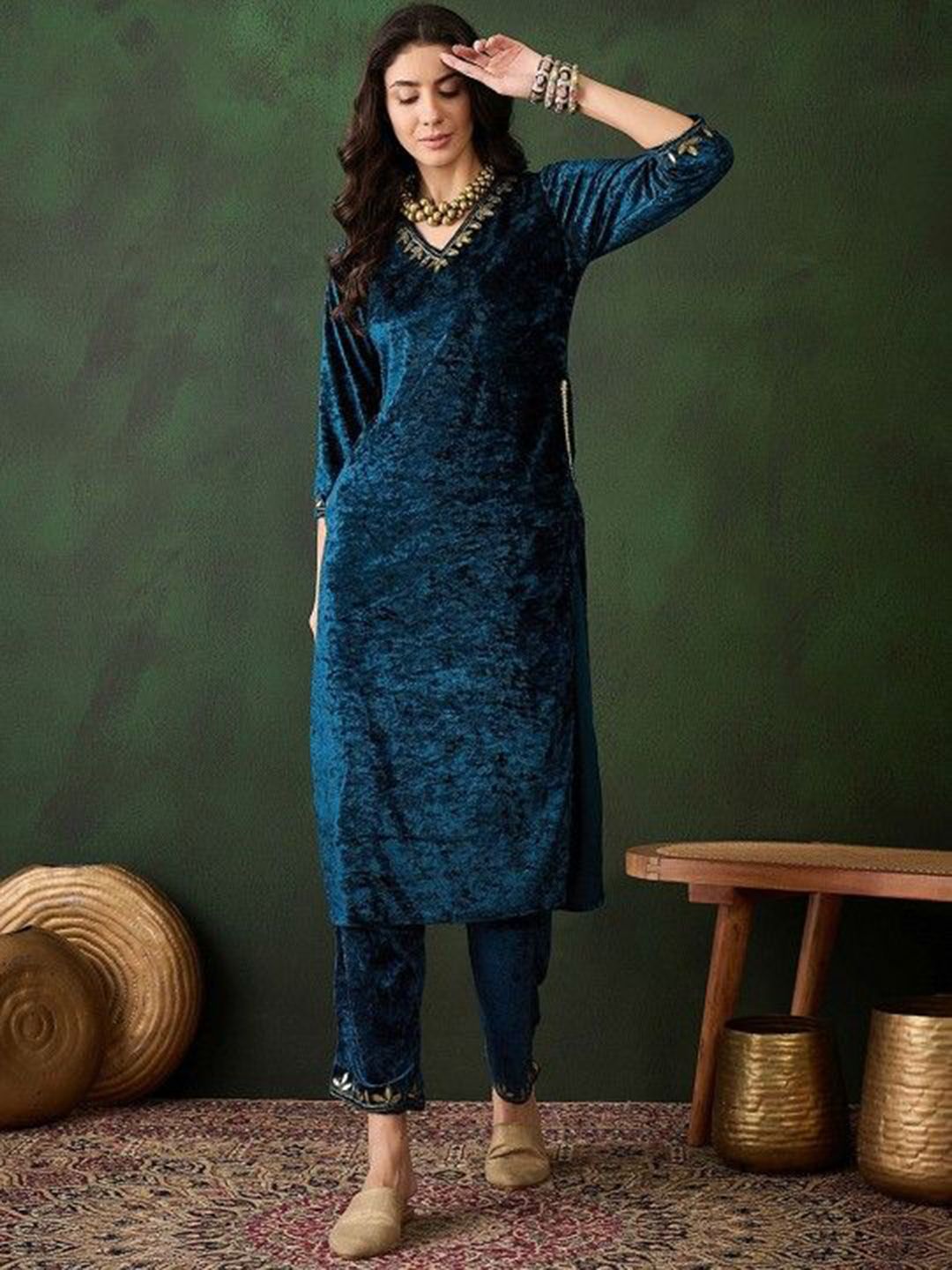 Sangria Yoke Design Velvet Straight Kurta | Grocsy