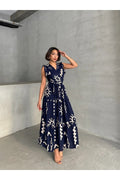 Pimu V-Neck Maxi Dress with Blue Graphic Print | Grocsy