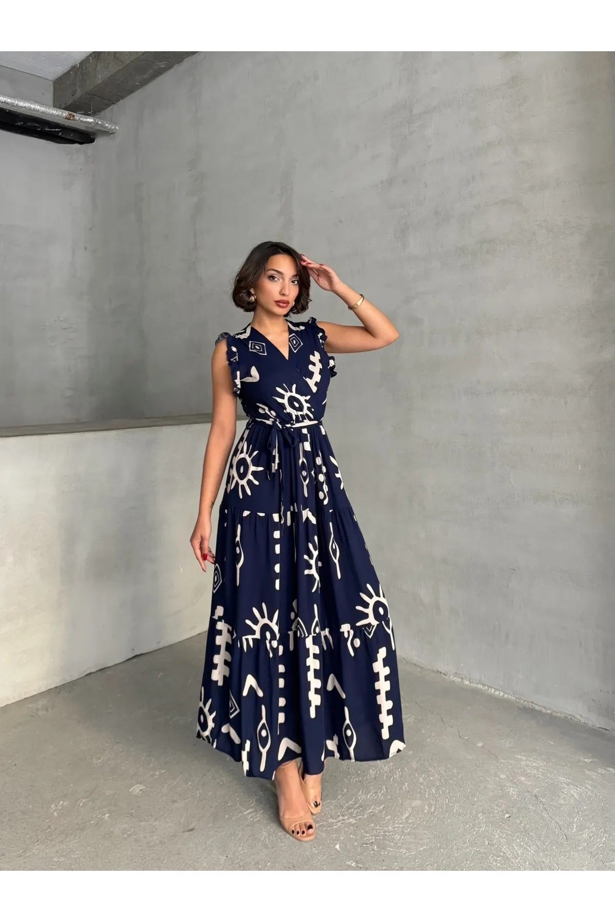 Pimu V-Neck Maxi Dress with Blue Graphic Print | Grocsy