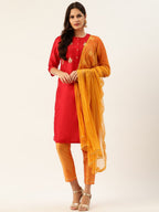 All About You Women Red & Orange Embroidered Yoke Design Kurta set with Dupatta | Grocsy