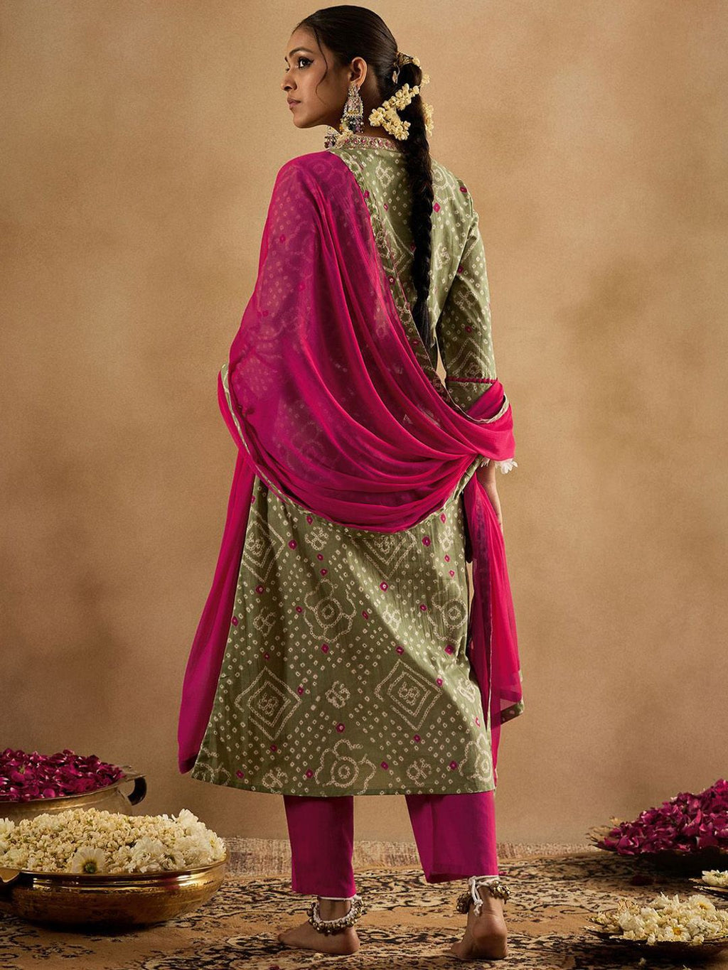 Indo Era Bandhani Printed Pure Cotton Kurta With Trousers & Dupatta | Grocsy