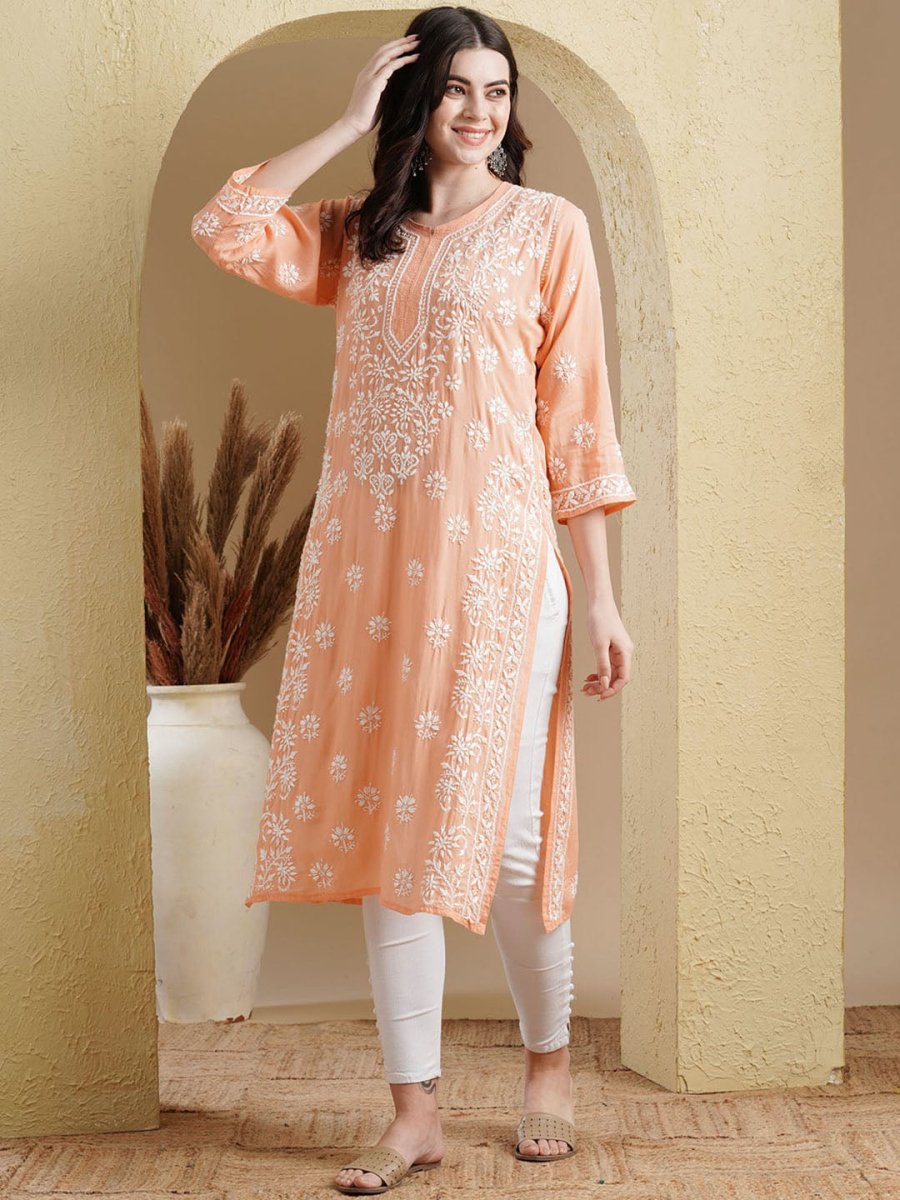 ADA Ethnic Motifs Embroidered Lucknowi Chikankari Detailed Modal Cotton Straight Kurta | Grocsy