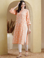 ADA Ethnic Motifs Embroidered Lucknowi Chikankari Detailed Modal Cotton Straight Kurta | Grocsy