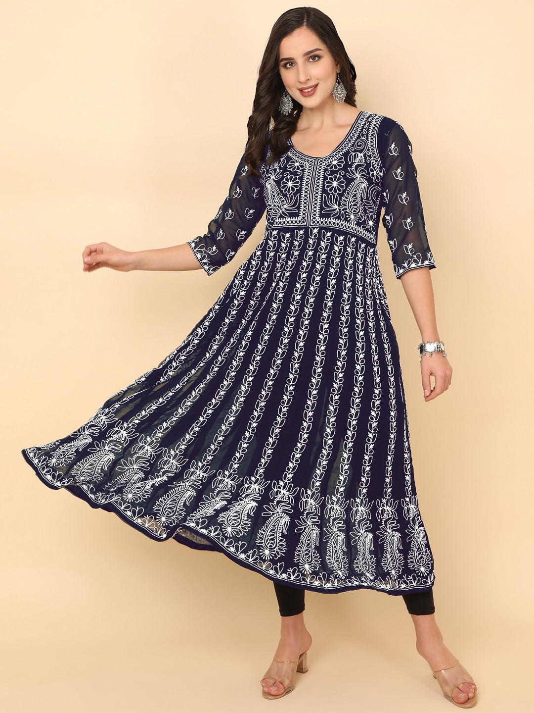 HERE&NOW Women Chikankari Embroidered Thread Work Georgette Anarkali Kurta | Grocsy