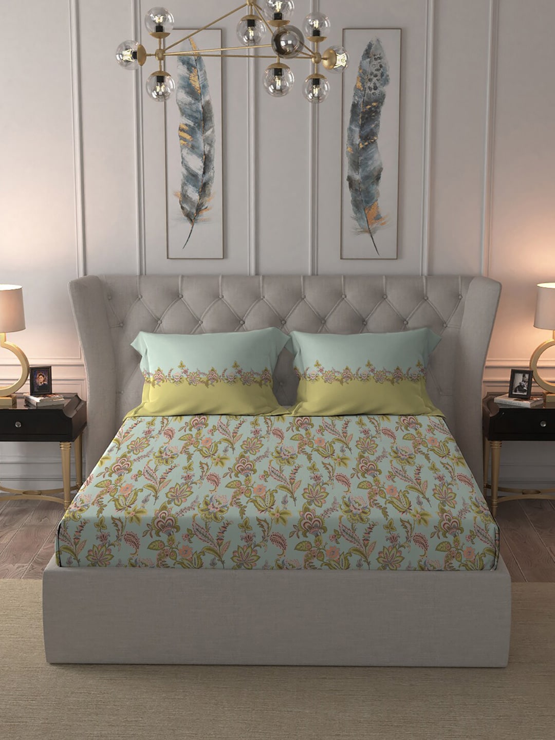 MYTRIDENT Blue White Floral Pure Cotton 144 TC Queen Bedsheet With 2 Pillow Covers | Grocsy
