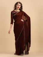Sangria Coffee Brown & Golden Embroidered Satin Saree | Grocsy
