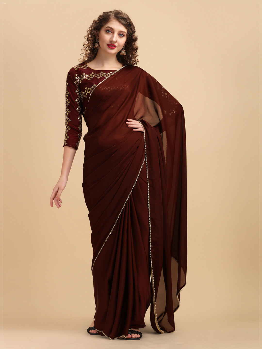 Sangria Coffee Brown & Golden Embroidered Satin Saree | Grocsy