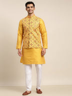 Sojanya Men Mustard Yellow Kurta with Churidar & Nehru Jacket | Grocsy
