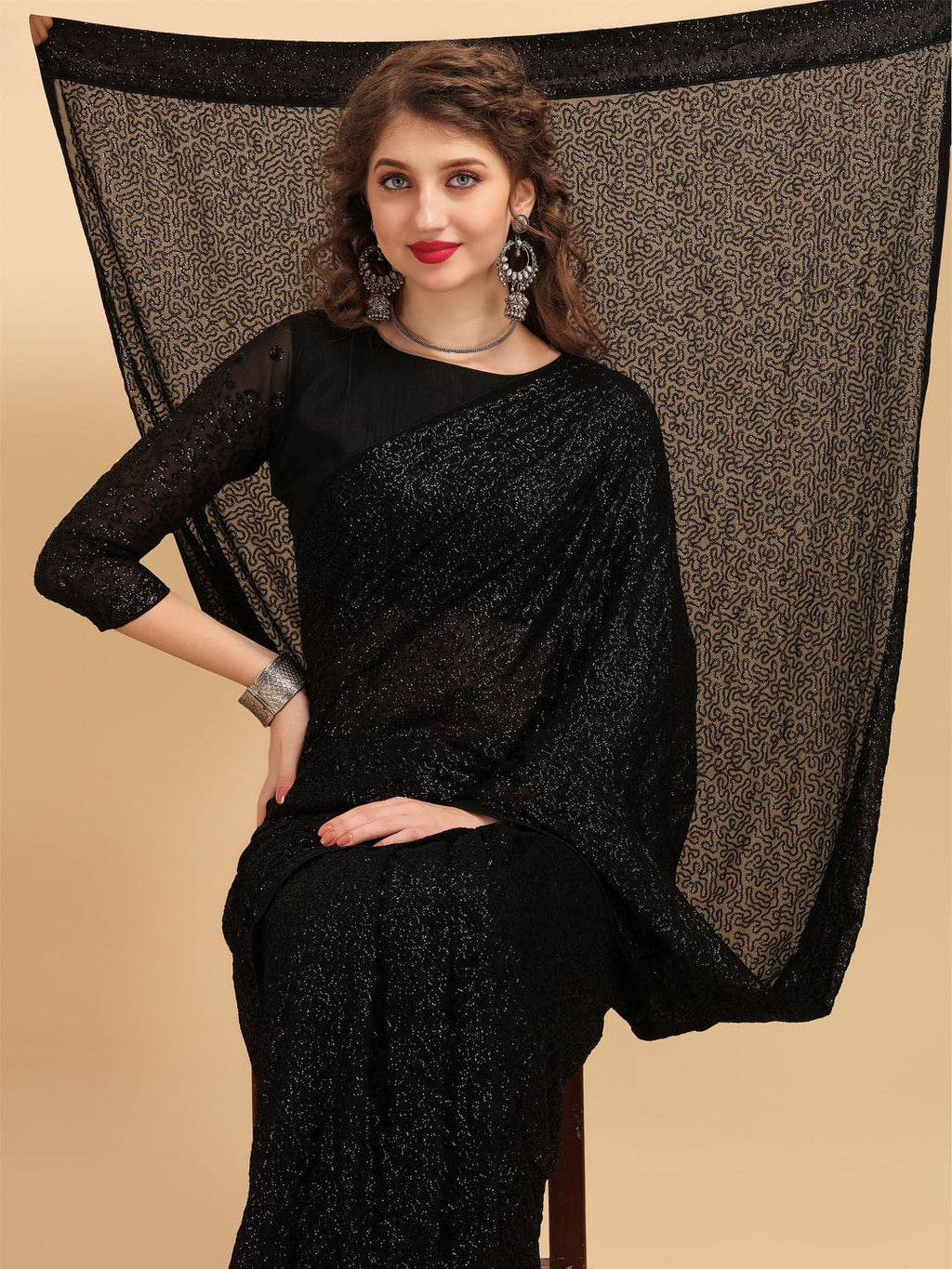 Sangria Black Embellished Sequinned Pure Georgette Saree | Grocsy