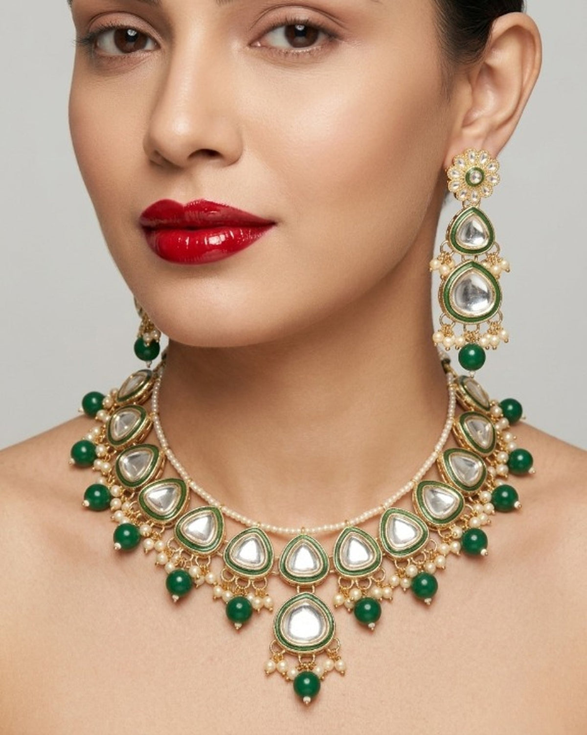 Jewel City undan Gold-Plated Emerald Green Pearl Choker Necklace Set | Indian Ethnic Bridal Wedding Jewellery | Handcrafted | Grocsy