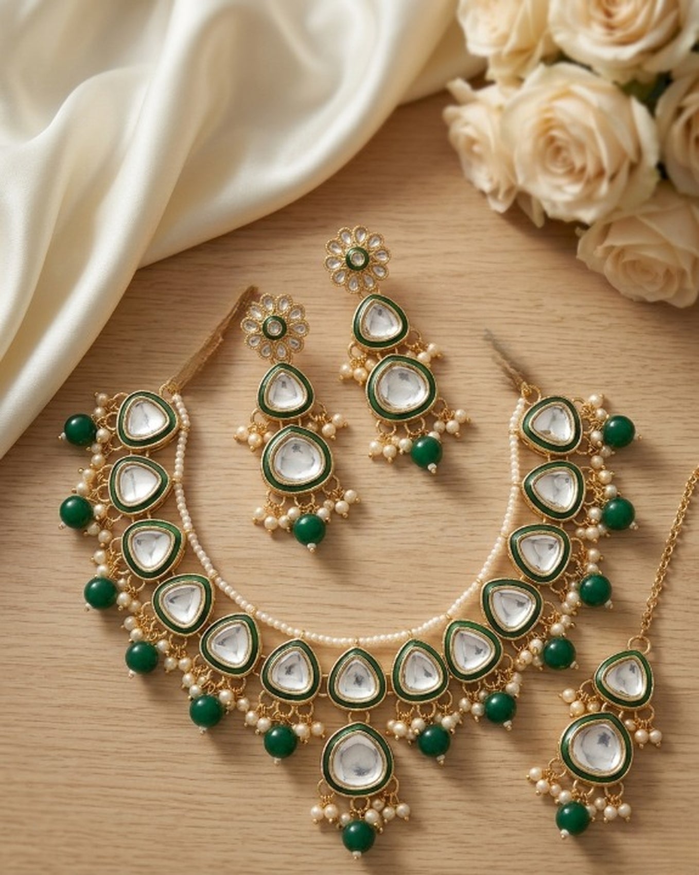 Jewel City undan Gold-Plated Emerald Green Pearl Choker Necklace Set | Indian Ethnic Bridal Wedding Jewellery | Handcrafted | Grocsy