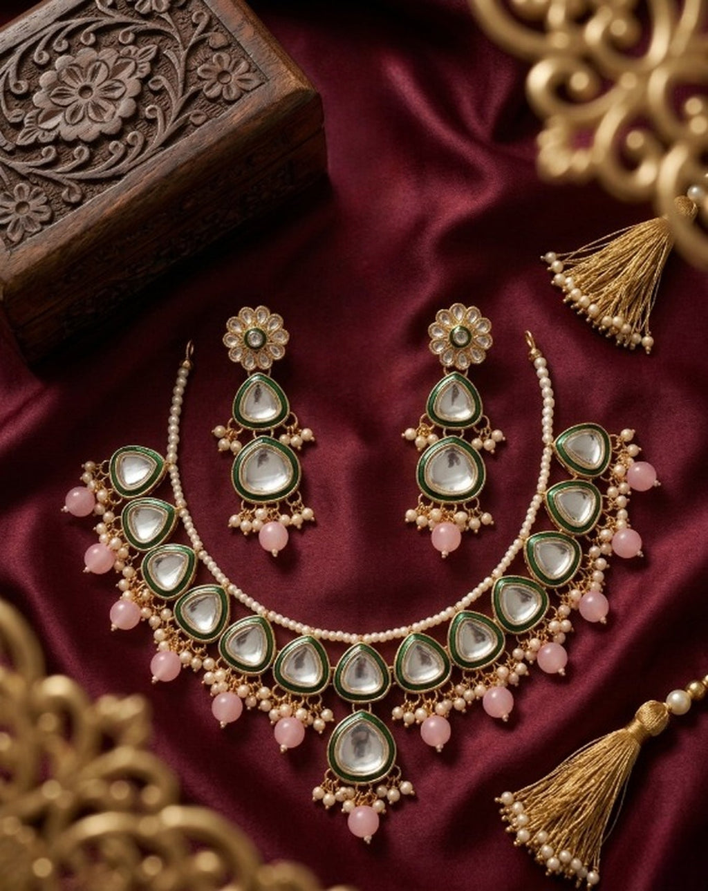 Jewel City undan Gold-Plated Pink Pearl Choker Necklace Set | Indian Ethnic Bridal Wedding Jewellery | Handcrafted | Grocsy
