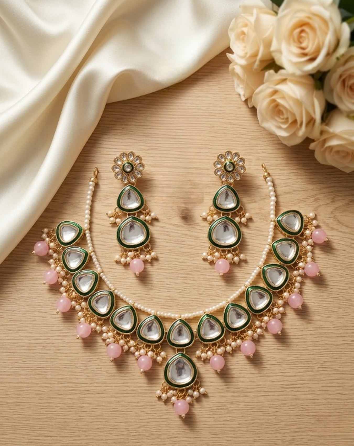 Jewel City undan Gold-Plated Pink Pearl Choker Necklace Set | Indian Ethnic Bridal Wedding Jewellery | Handcrafted | Grocsy