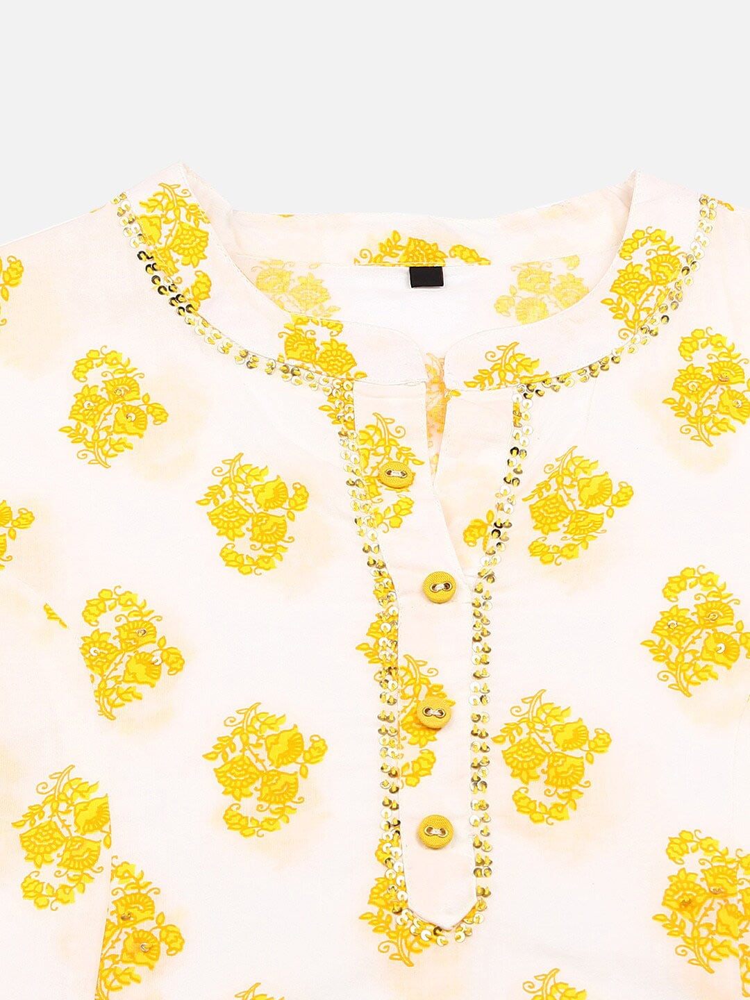 HERE&NOW White & Yellow Floral Printed Sequined Pure Cotton Kurta | Grocsy