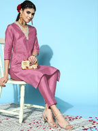 Sangria Women Mauve Yoke Design Straight Kurta with Trousers | Grocsy