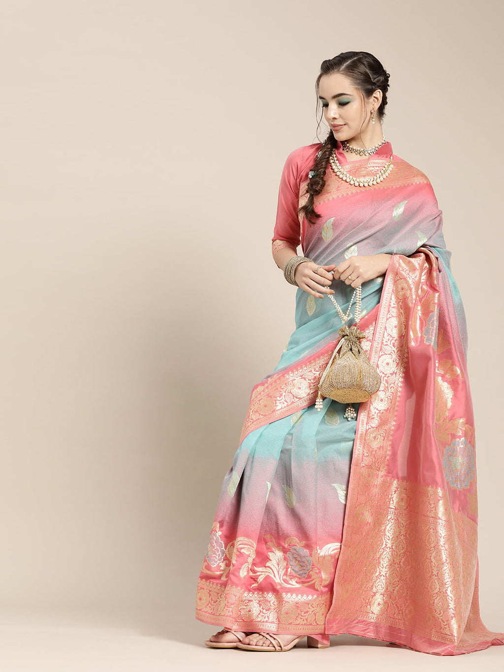 Saree Mall Pink & Blue Floral Dyed Banarasi Saree | Grocsy