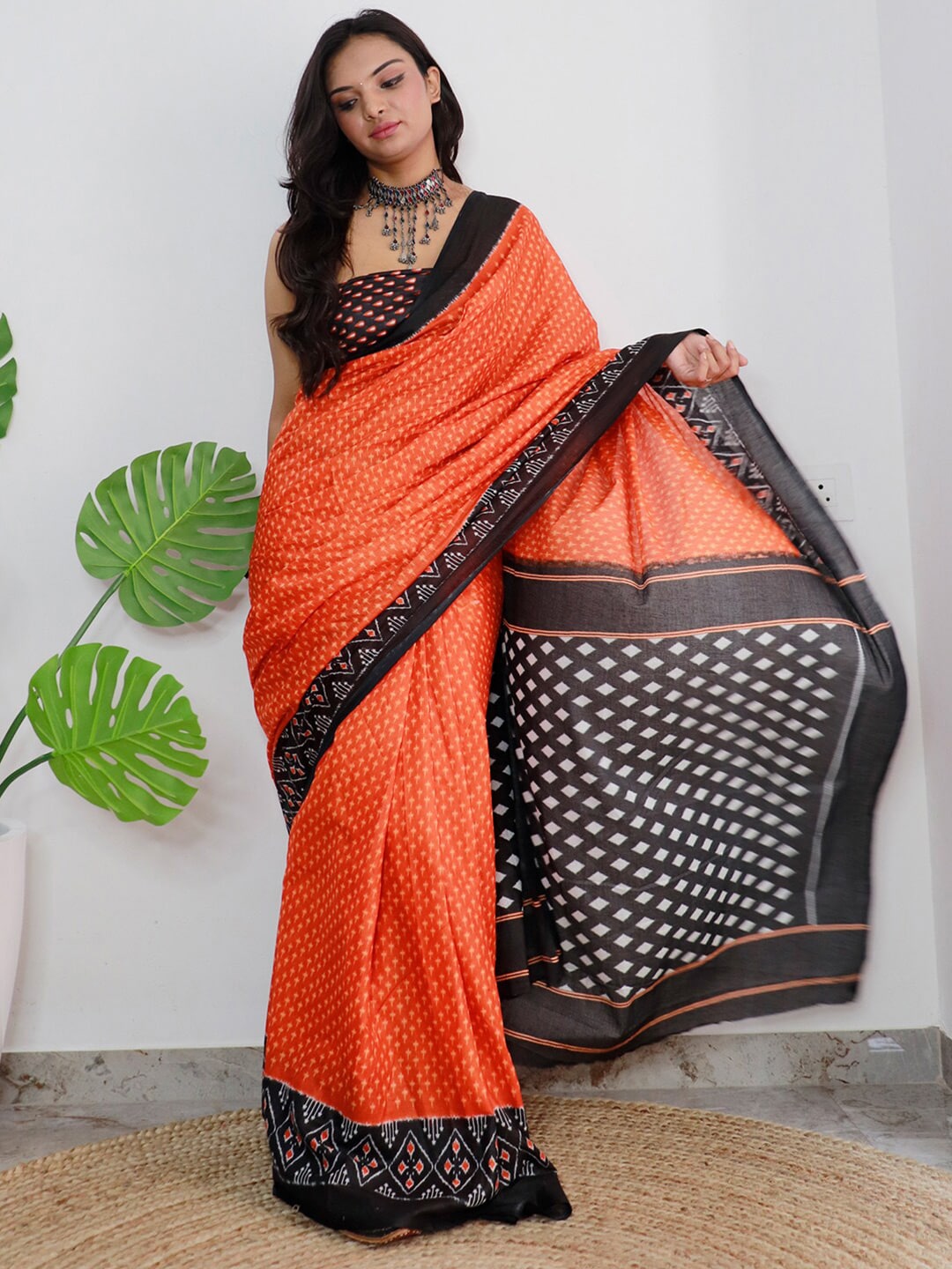 Saree Mall Orange & Black Ethnic Motifs Printed Pure Cotton Sarees | Grocsy