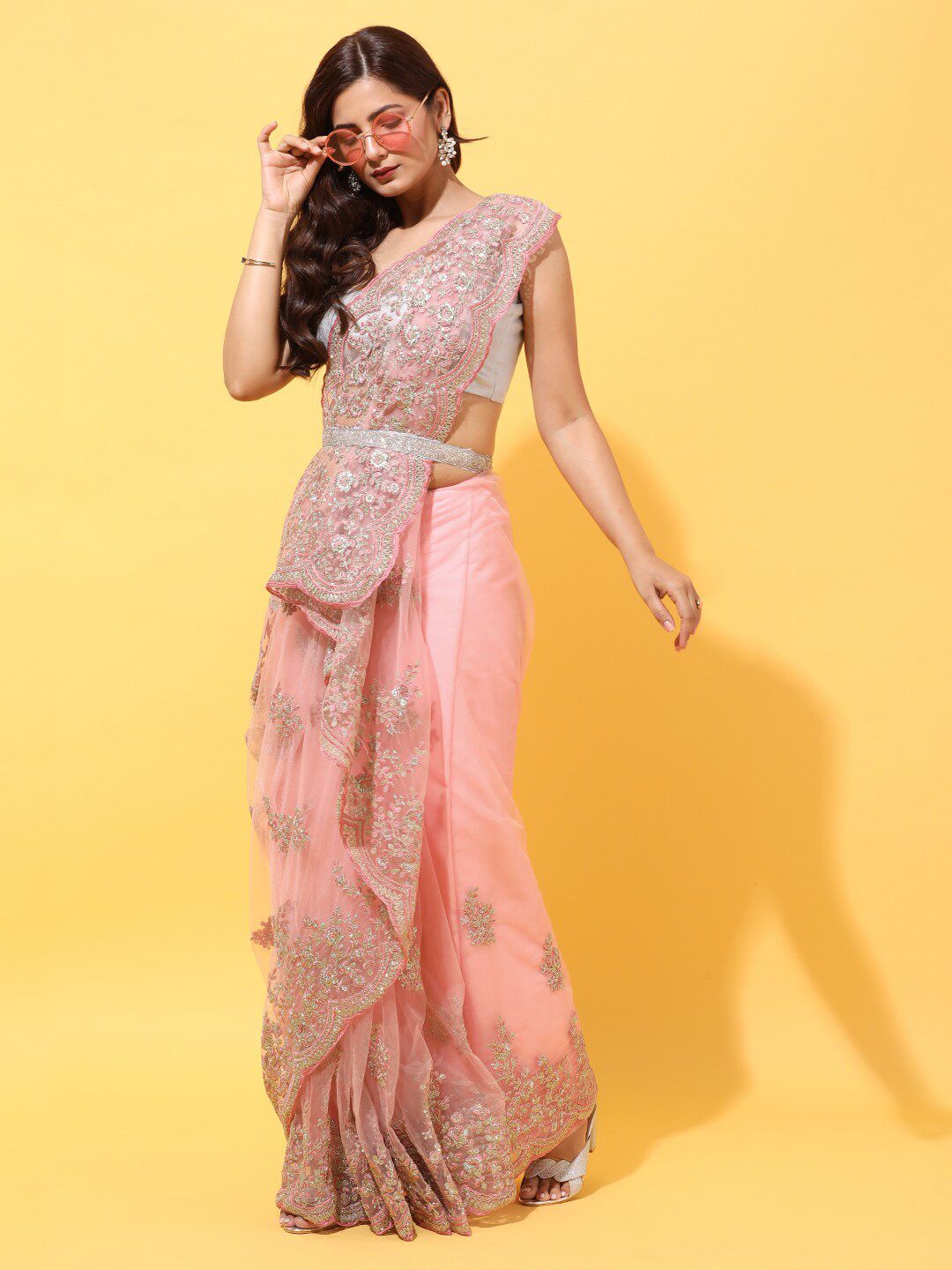 kasee Pink Floral Embroidered Net Saree | Grocsy