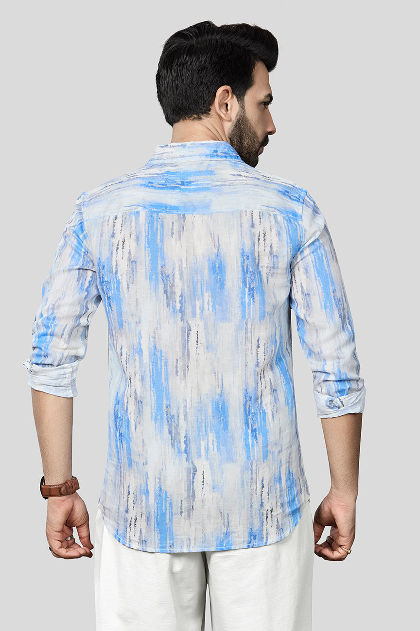 Xkind Skyblue Linen Printed Slim Fit Shirt | Grocsy