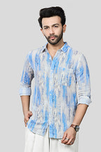Xkind Skyblue Linen Printed Slim Fit Shirt | Grocsy