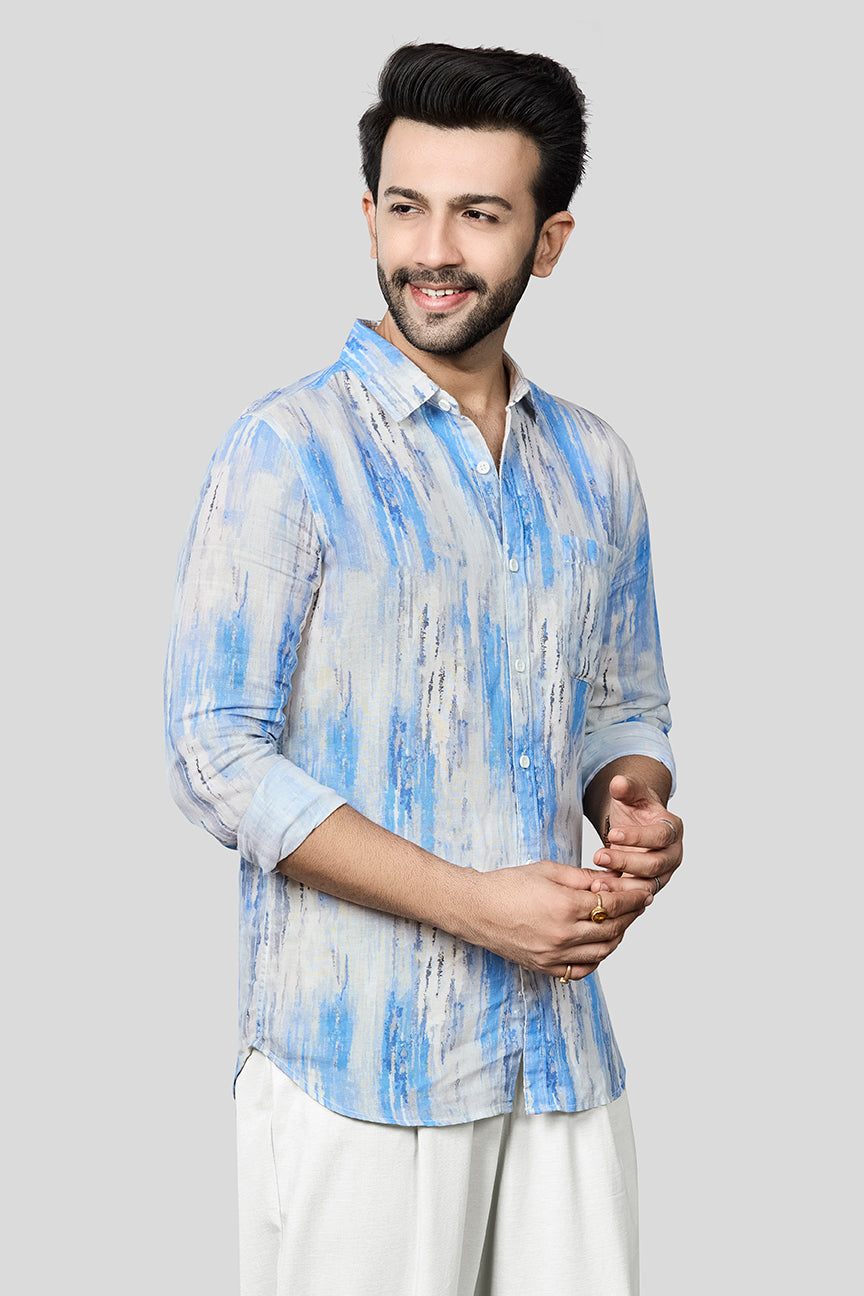 Xkind Skyblue Linen Printed Slim Fit Shirt | Grocsy