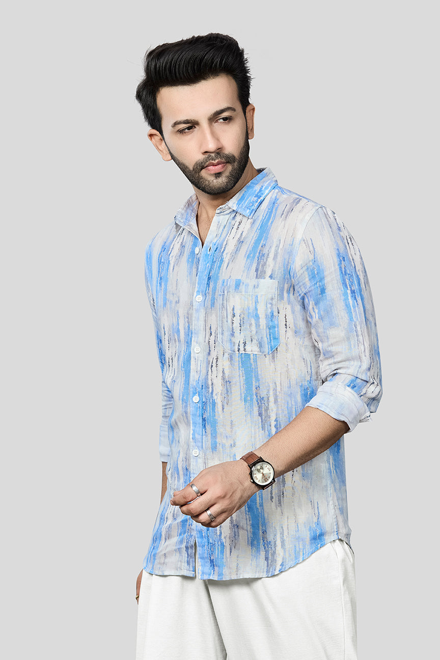 Xkind Skyblue Linen Printed Slim Fit Shirt | Grocsy