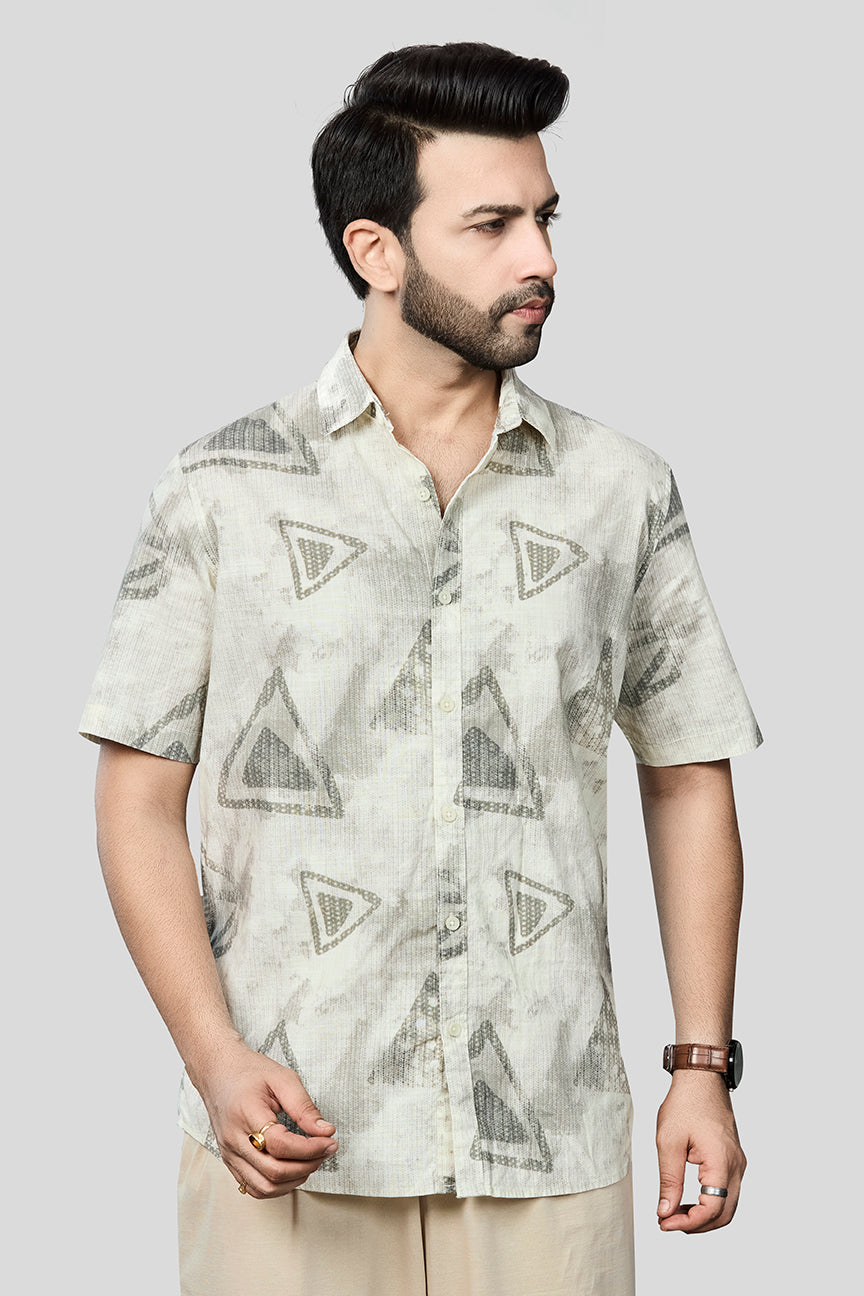 Xkind Light Green Cotton Slub Printed Shirt | Grocsy