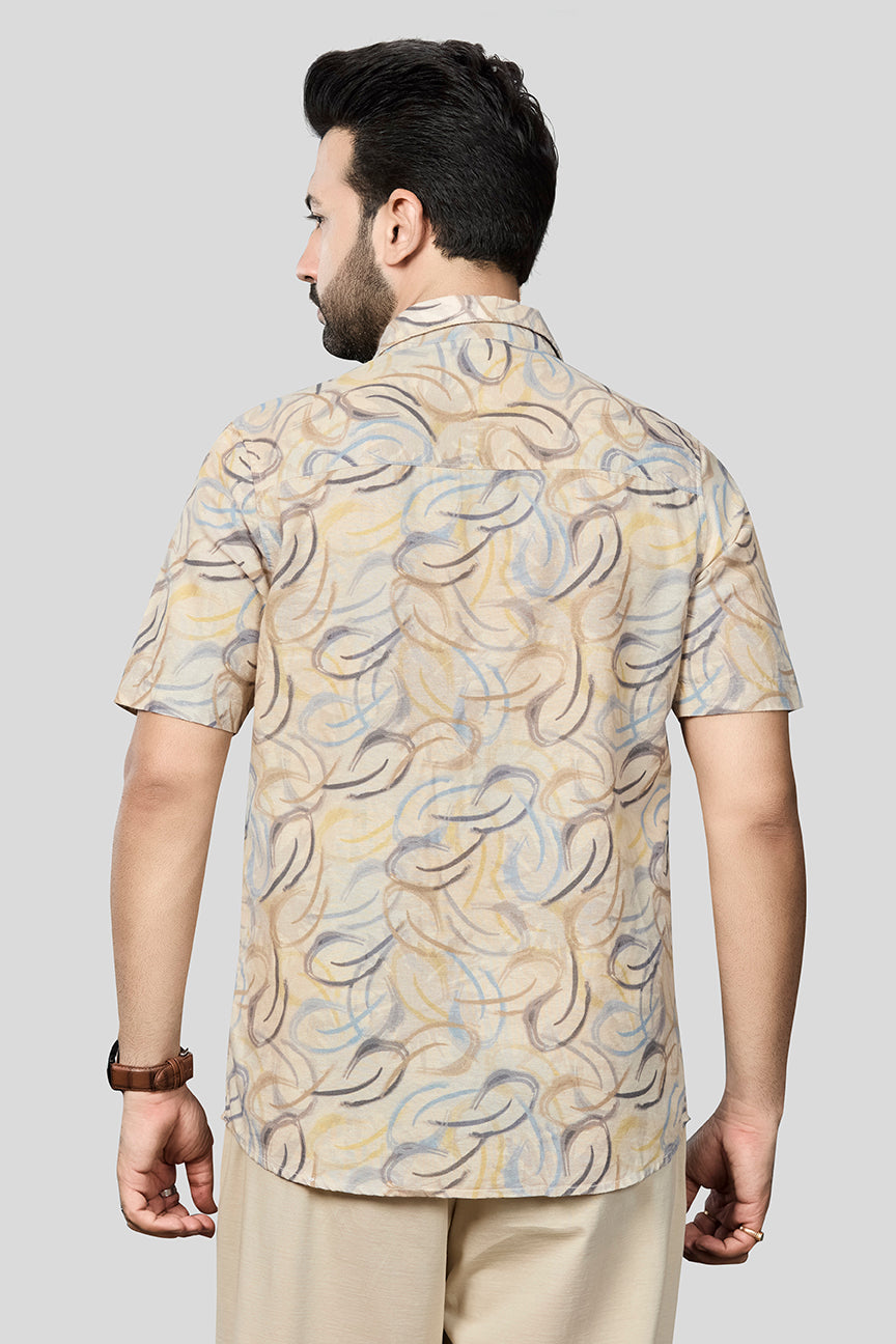 Xkind Beige Linen Printed Regular Fit Shirt | Grocsy