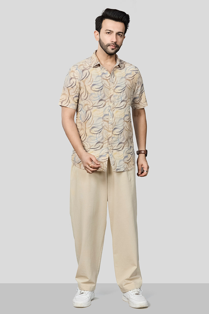 Xkind Beige Linen Printed Regular Fit Shirt | Grocsy
