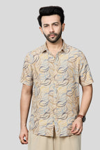 Xkind Beige Linen Printed Regular Fit Shirt | Grocsy