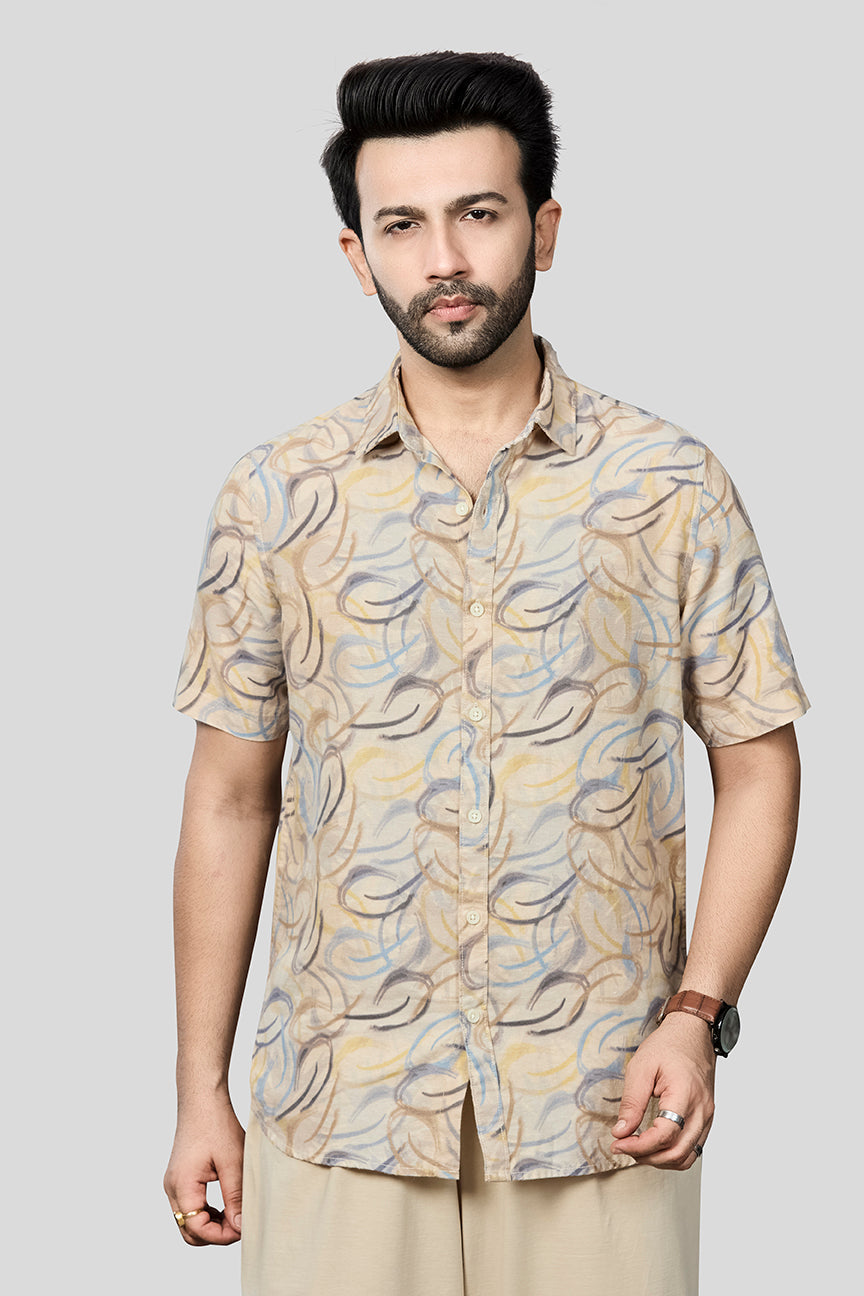 Xkind Beige Linen Printed Regular Fit Shirt | Grocsy