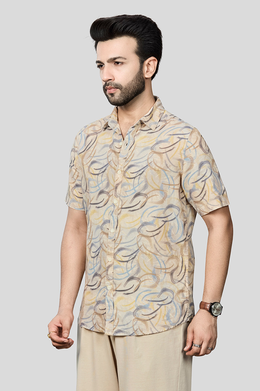 Xkind Beige Linen Printed Regular Fit Shirt | Grocsy