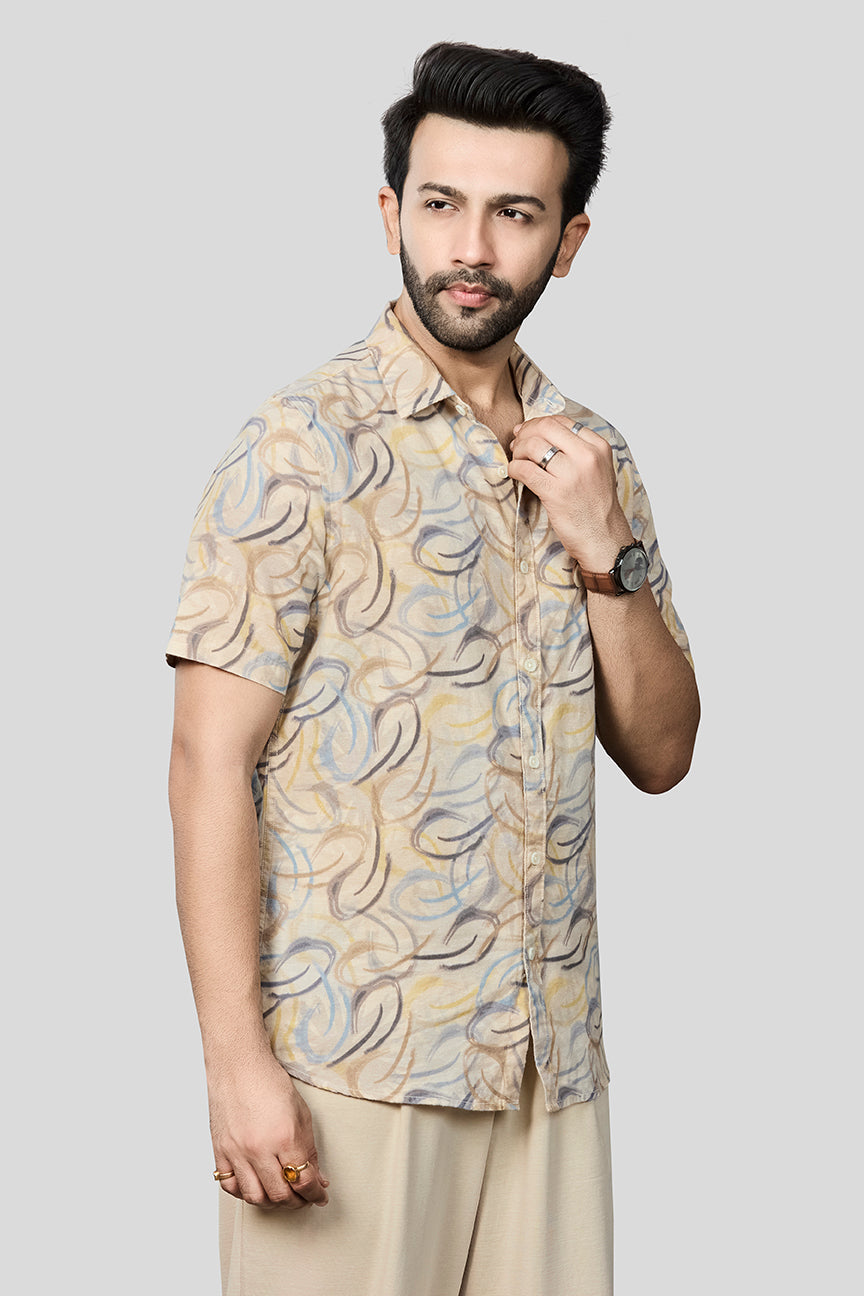 Xkind Beige Linen Printed Regular Fit Shirt | Grocsy