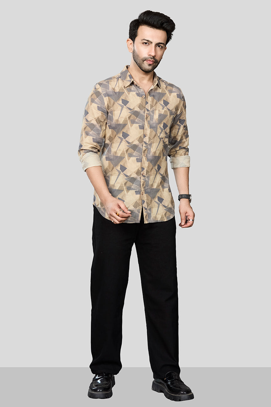 Xkind Beige Linen Printed Shirt | Grocsy