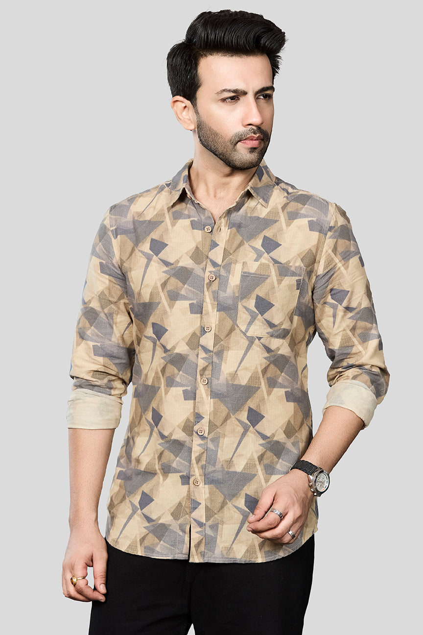 Xkind Beige Linen Printed Shirt | Grocsy