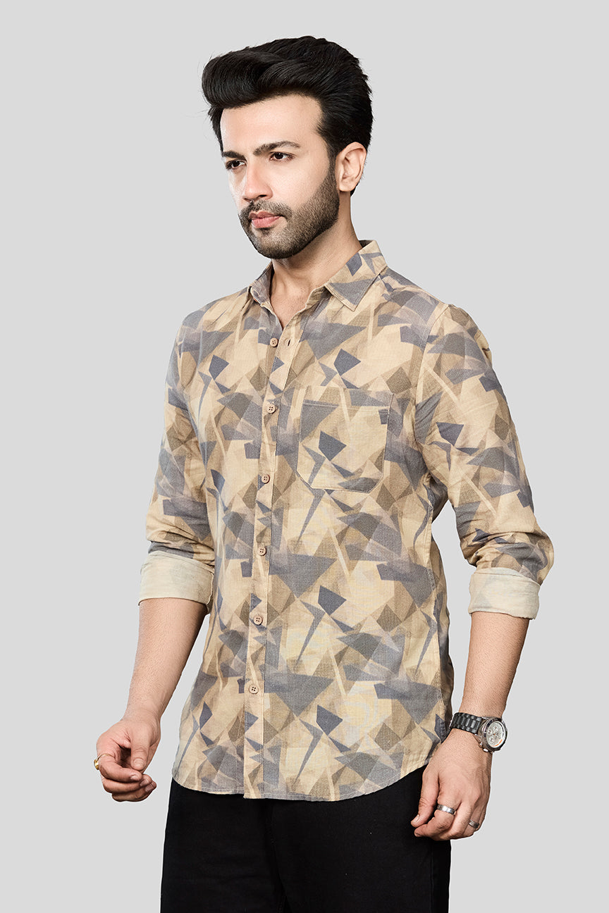 Xkind Beige Linen Printed Shirt | Grocsy