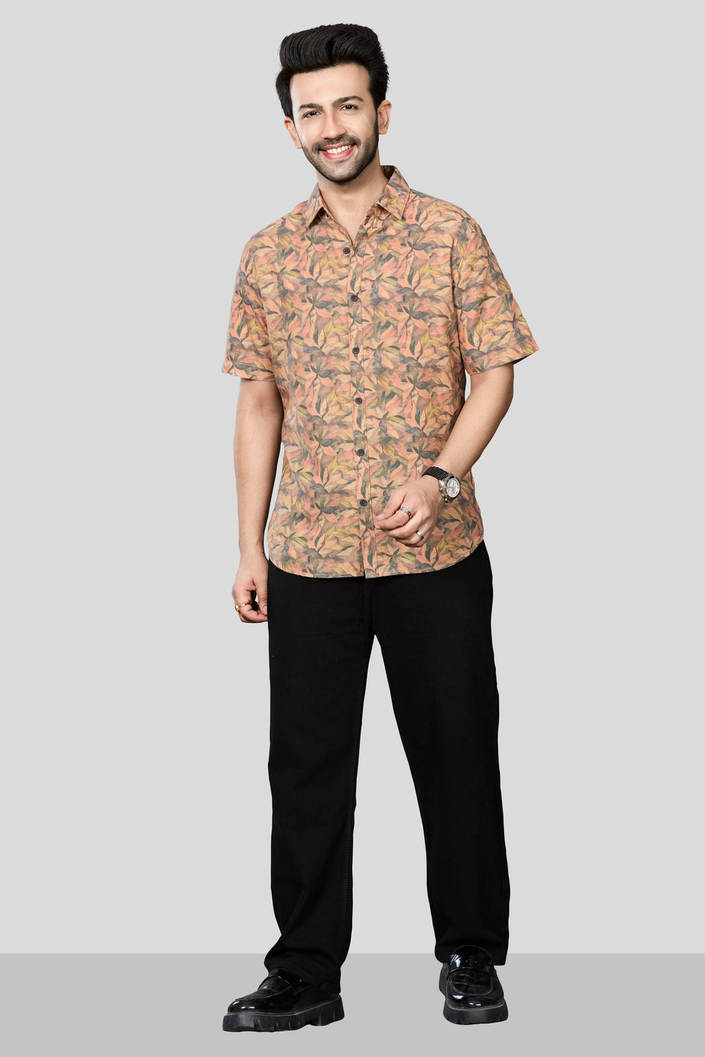 Xkind Orange Linen Printed Shirt | Grocsy