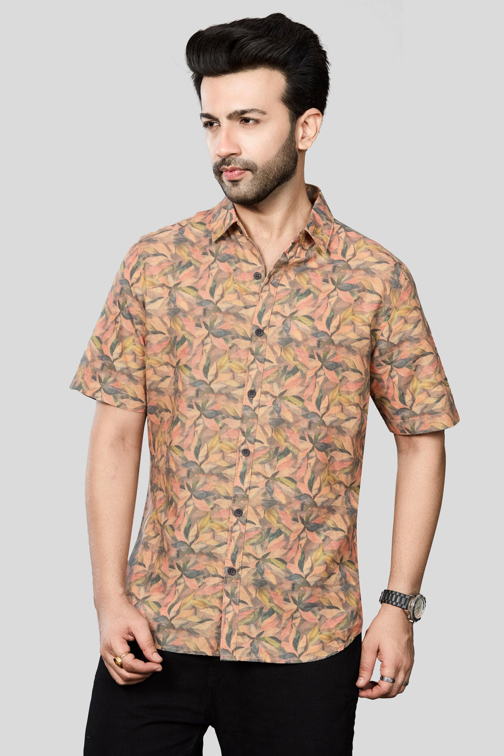 Xkind Orange Linen Printed Shirt | Grocsy