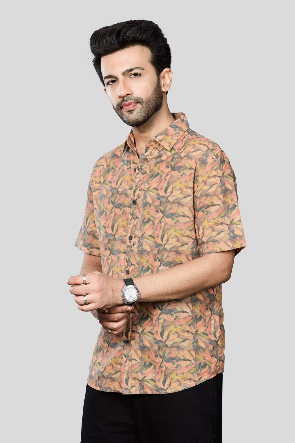 Xkind Orange Linen Printed Shirt | Grocsy