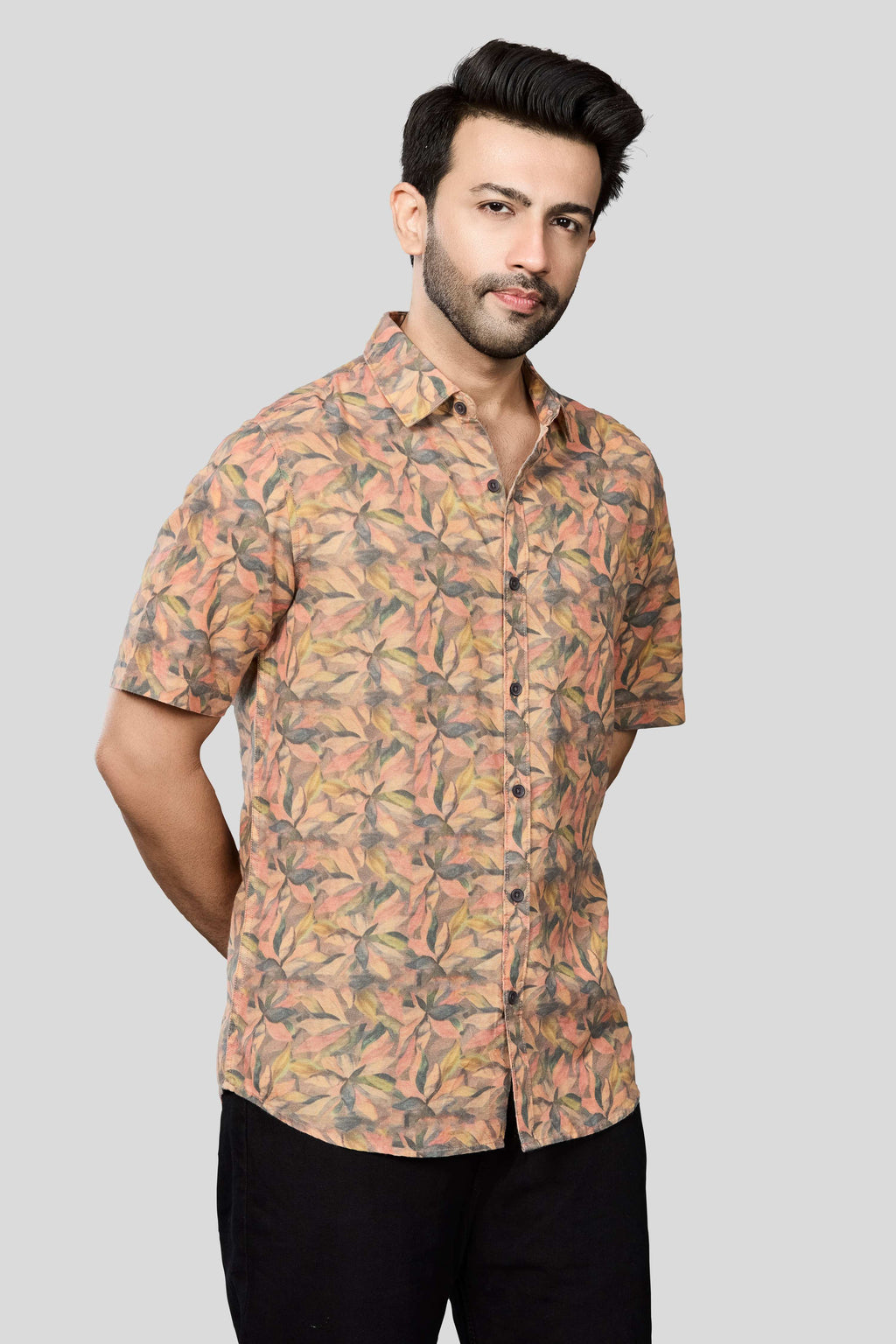 Xkind Orange Linen Printed Shirt | Grocsy