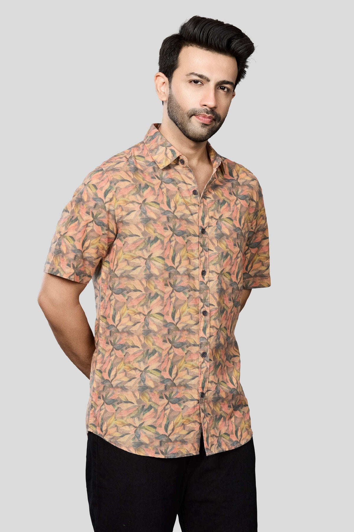 Xkind Orange Linen Printed Shirt | Grocsy