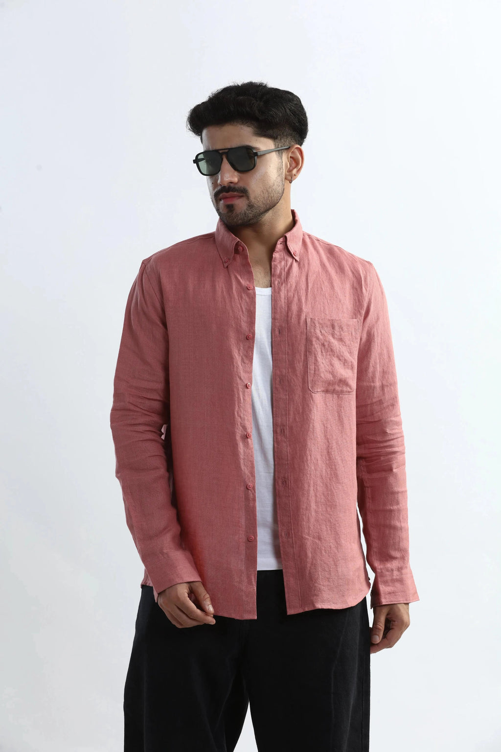 Xkind 100% Pure Linen Soft Peach Button Down Casual Shirt | Grocsy