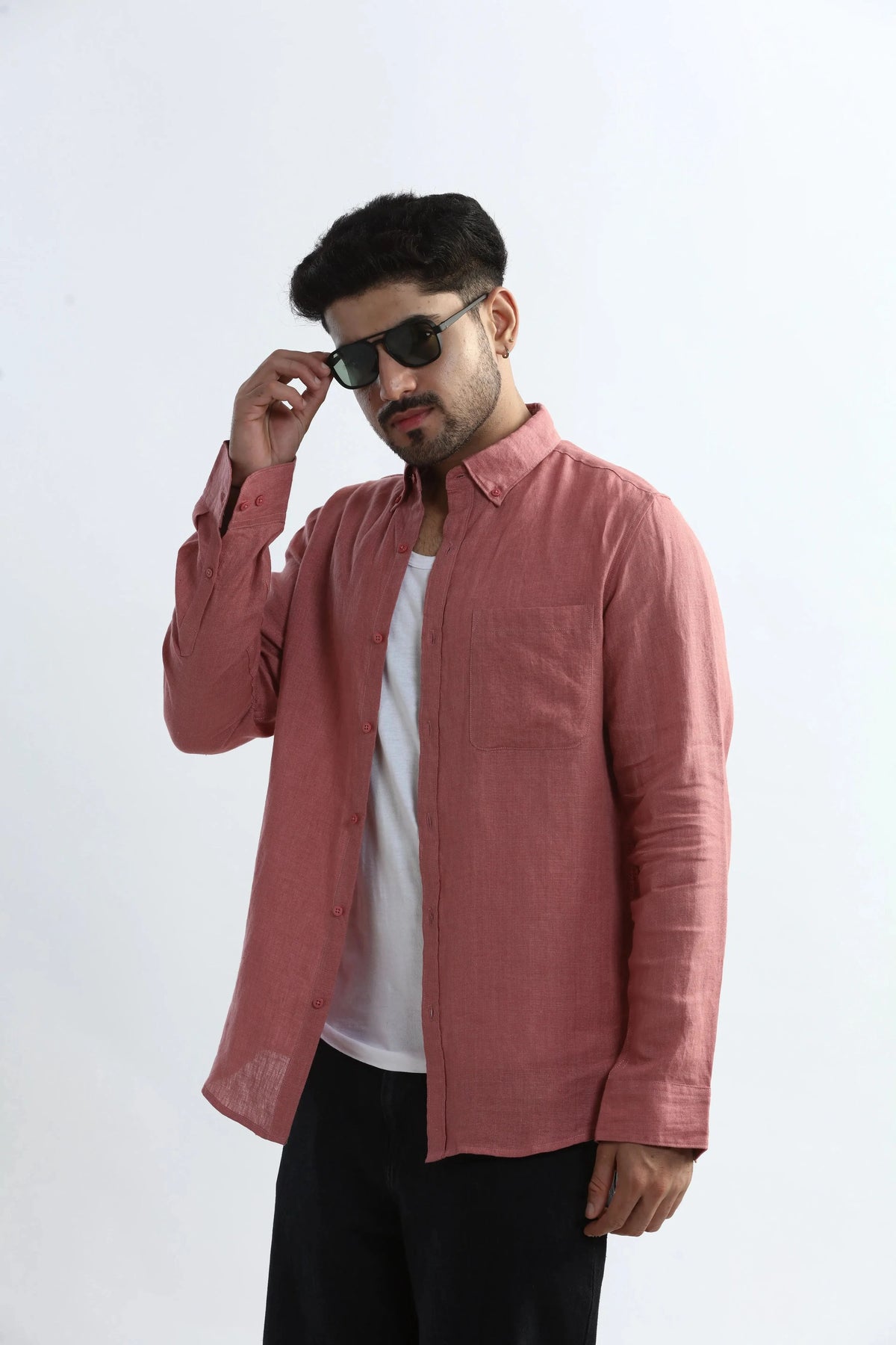 Xkind 100% Pure Linen Soft Peach Button Down Casual Shirt | Grocsy