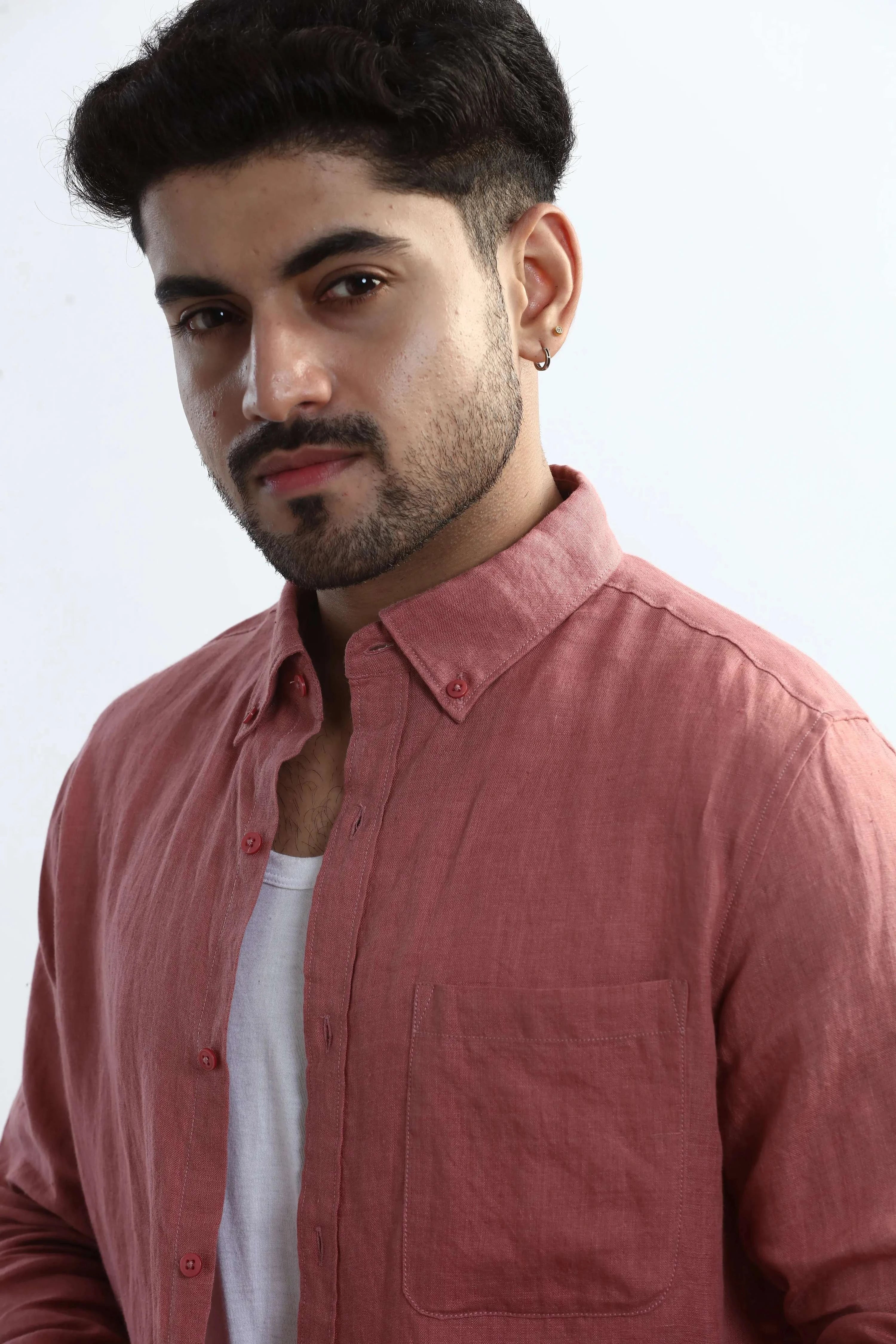 Xkind 100% Pure Linen Soft Peach Button Down Casual Shirt | Grocsy