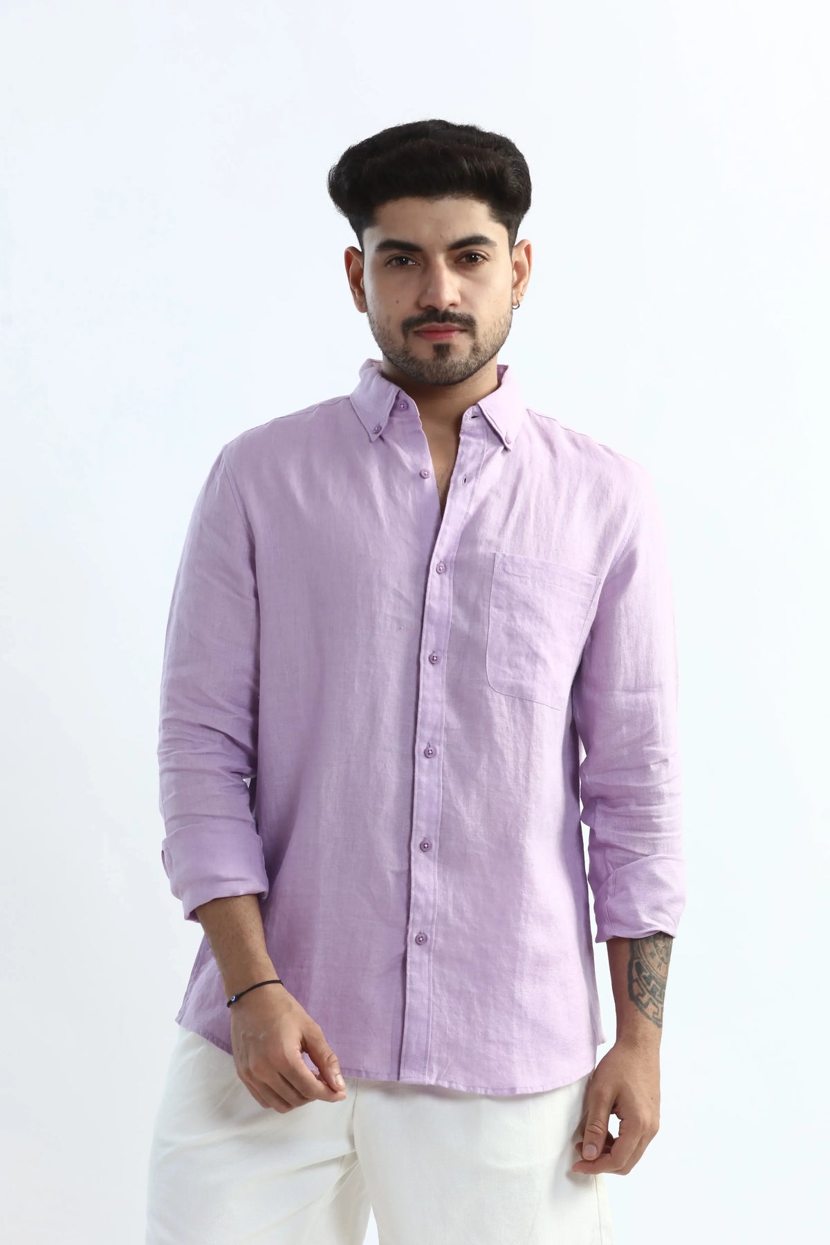 Xkind 100% Pure Linen Lavender Button Down Casual Shirt | Grocsy