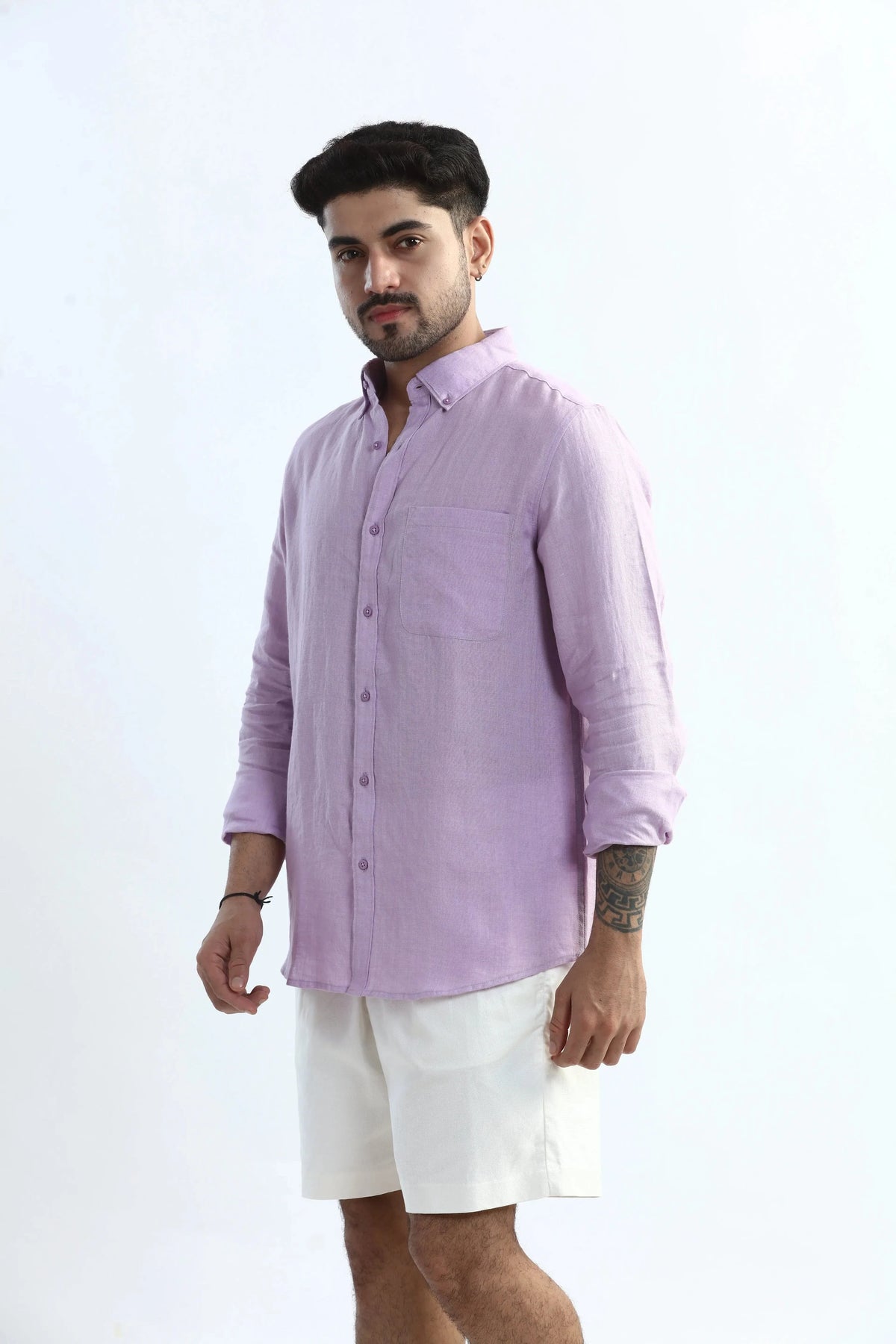 Xkind 100% Pure Linen Lavender Button Down Casual Shirt | Grocsy