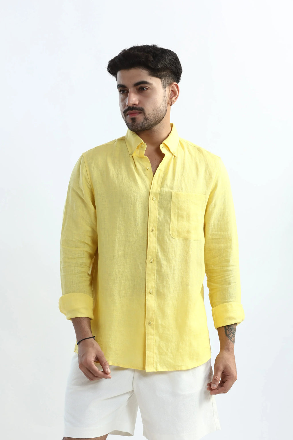 Xkind 100% Pure Linen Buttercup Yellow Button Down Casual Shirt | Grocsy