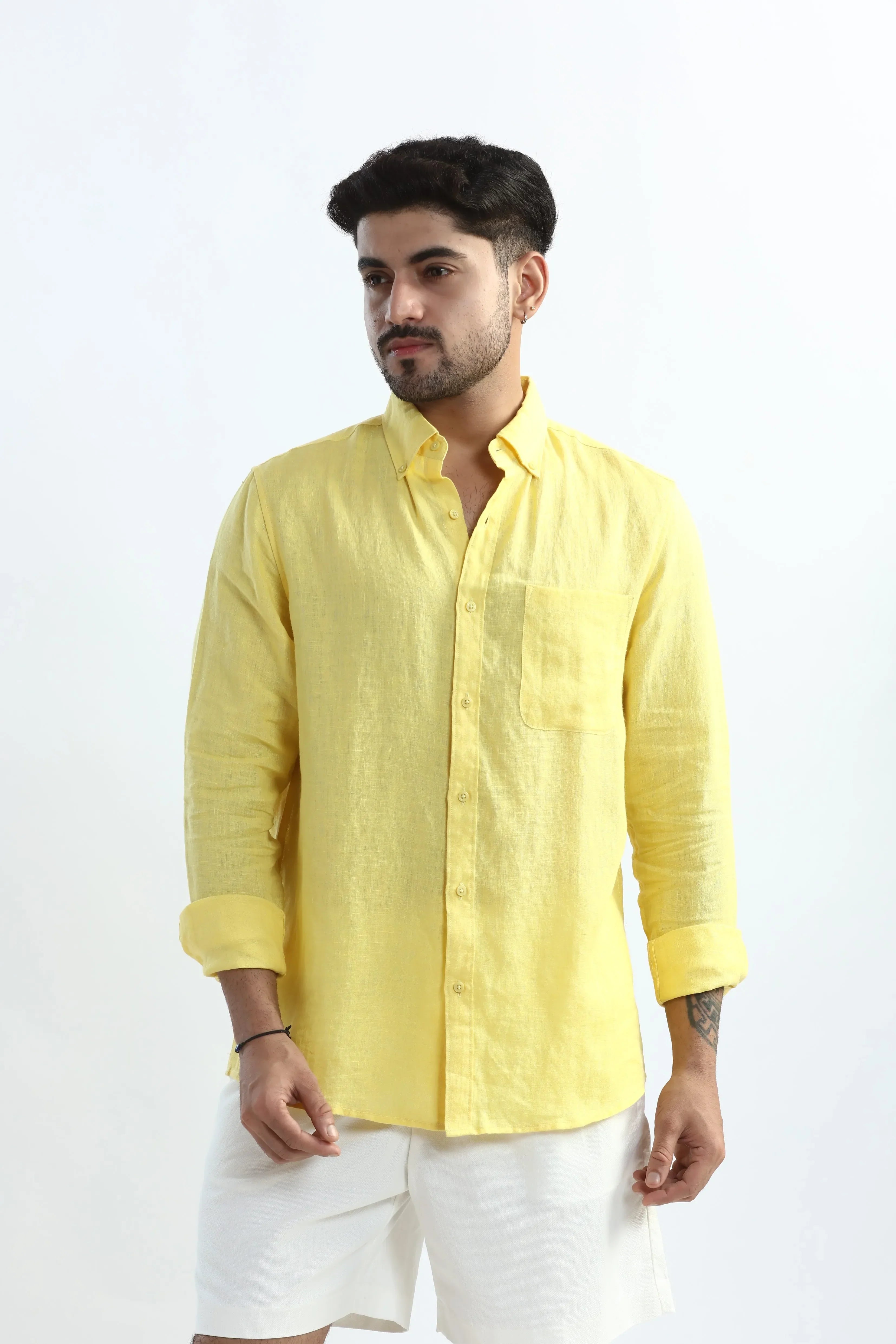 Xkind 100% Pure Linen Buttercup Yellow Button Down Casual Shirt | Grocsy