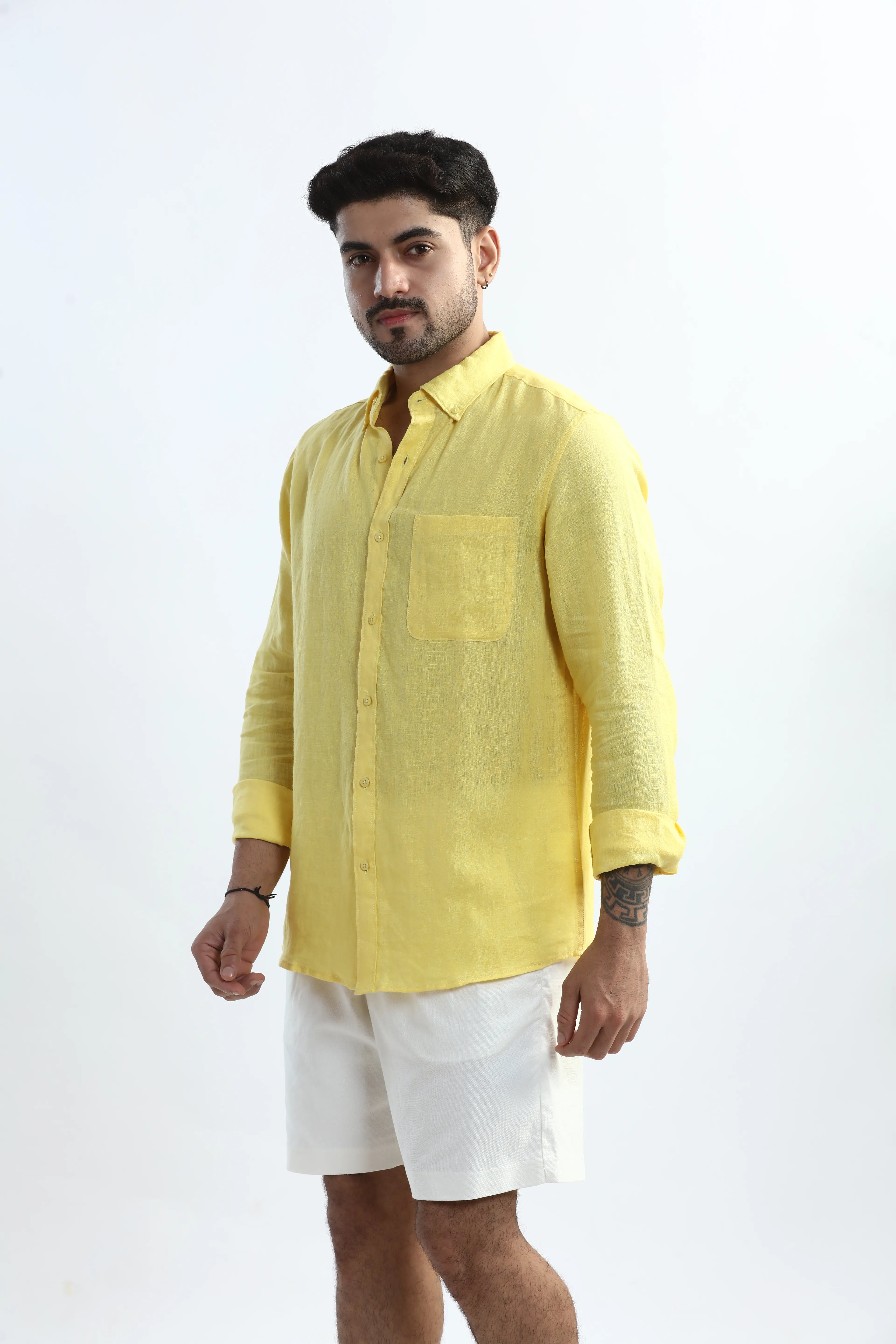 Xkind 100% Pure Linen Buttercup Yellow Button Down Casual Shirt | Grocsy